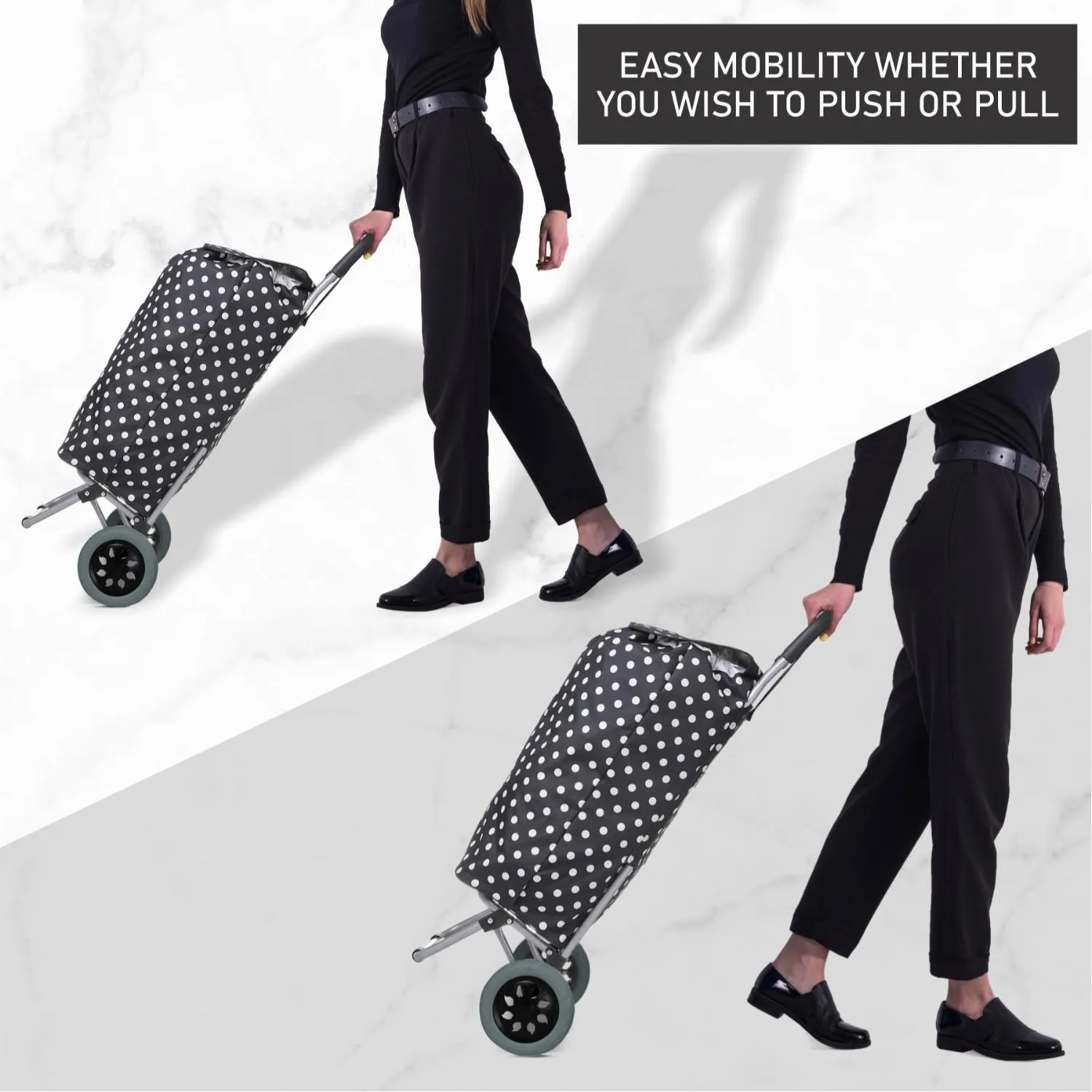 Hoppa 47Ltr Lightweight Shopping Trolley, Hard Wearing & Foldaway for Easy Storage with 1 Years Guarantee (Black Polka Dot)