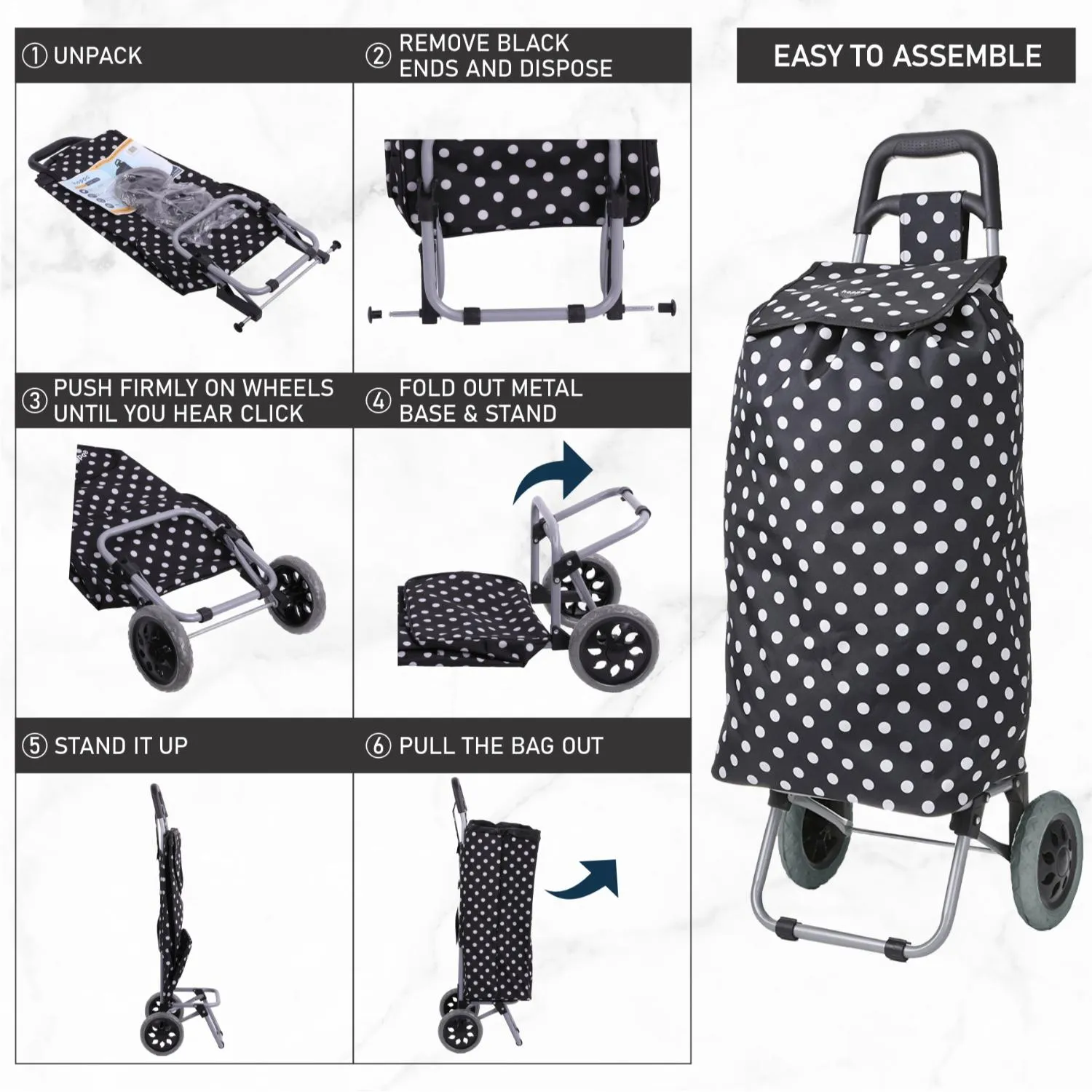 Hoppa 47Ltr Lightweight Shopping Trolley, Hard Wearing & Foldaway for Easy Storage with 1 Years Guarantee (Black Polka Dot)