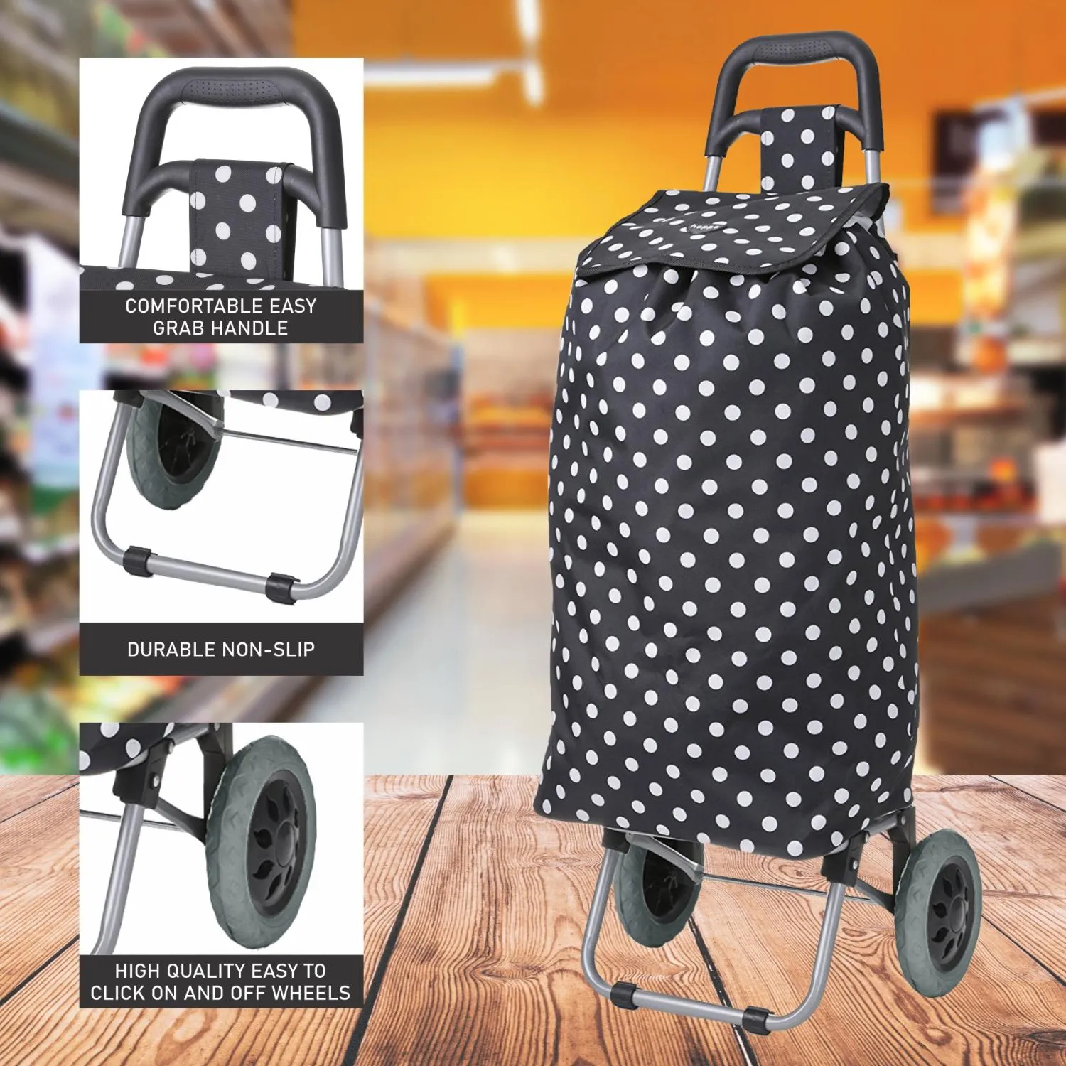 Hoppa 47Ltr Lightweight Shopping Trolley, Hard Wearing & Foldaway for Easy Storage with 1 Years Guarantee (Black Polka Dot)