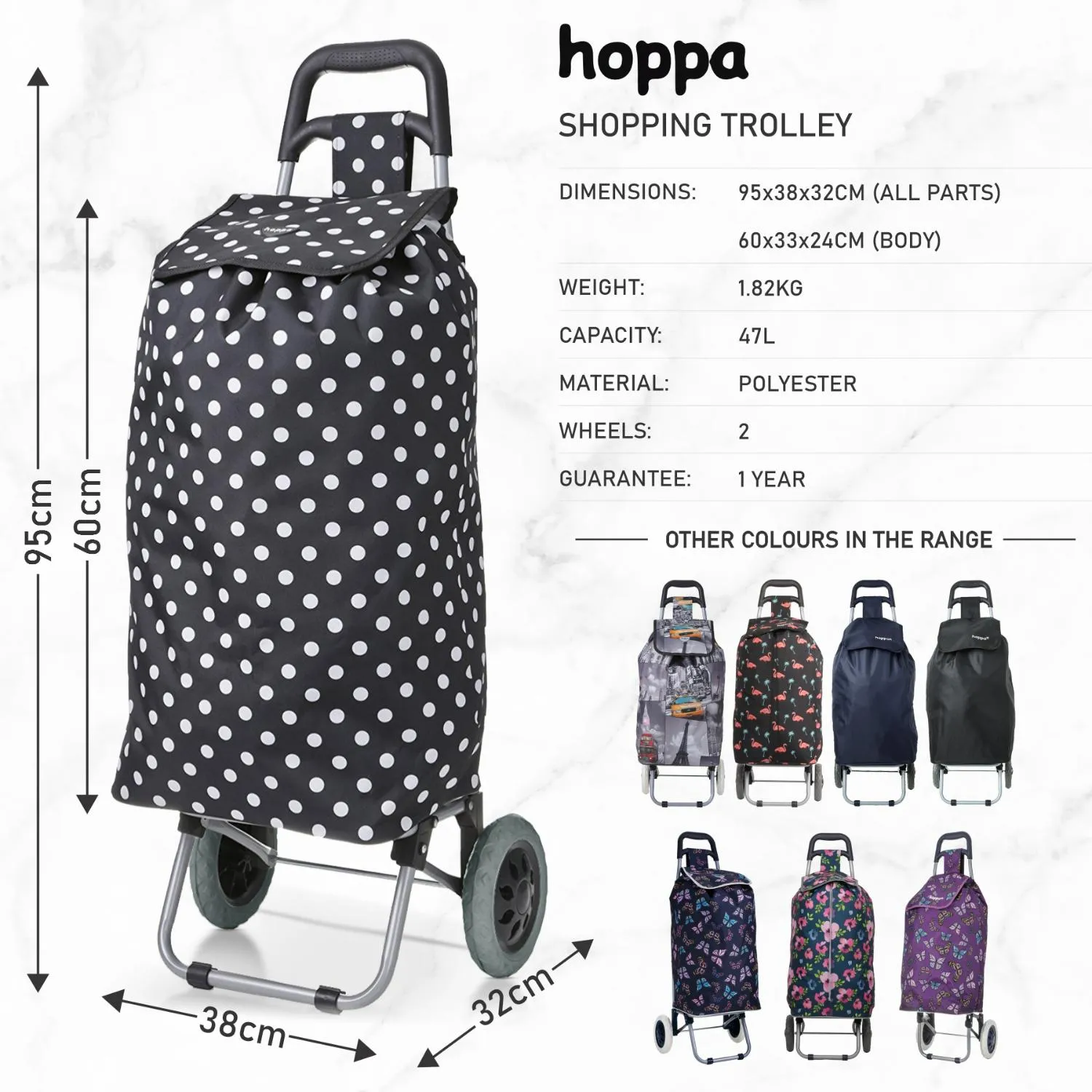 Hoppa 47Ltr Lightweight Shopping Trolley, Hard Wearing & Foldaway for Easy Storage with 1 Years Guarantee (Black Polka Dot)