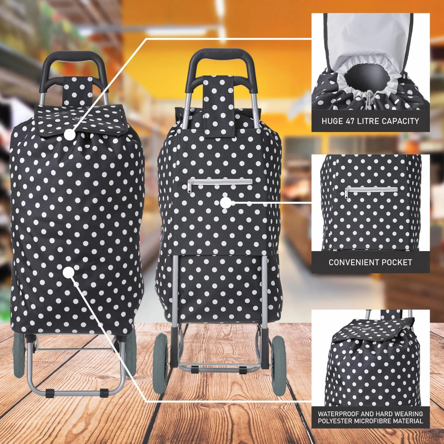 Hoppa 47Ltr Lightweight Shopping Trolley, Hard Wearing & Foldaway for Easy Storage with 1 Years Guarantee (Black Polka Dot)