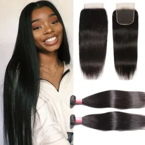 Indian Straight Bundles With 4×4 Closure 10A Grade 100% Human Remy Hair MYLOCKME
