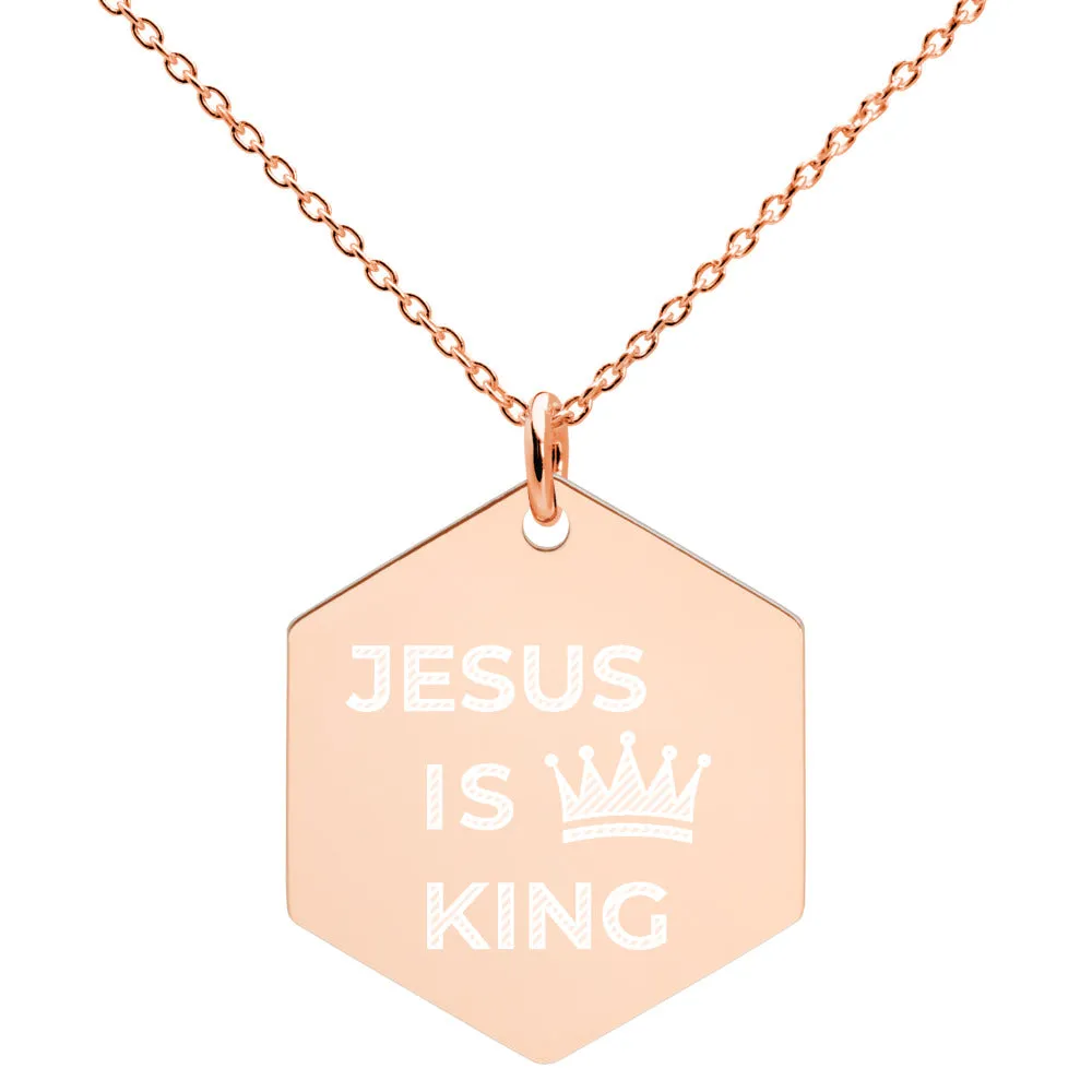 JESUS IS KING Engraved Silver Hexagon Necklace