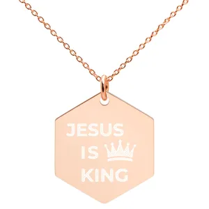 JESUS IS KING Engraved Silver Hexagon Necklace