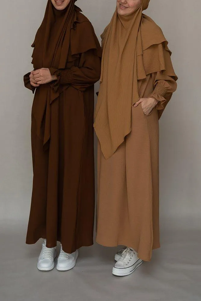 Kalean Travel Abaya Dress in Non-Wrinkling Fabric, Coffee