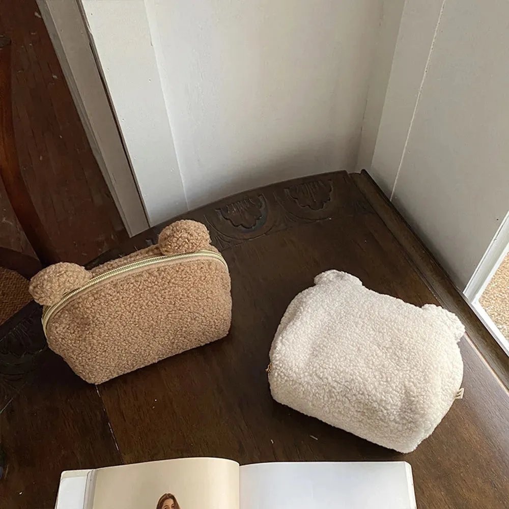 Kawaii Custom Teddy Sherpa Cosmetic Bag 🐻✨ | Personalized Makeup Travel Pouch 🎀 | Perfect Bridesmaids & Wedding Favor Gift 🎉