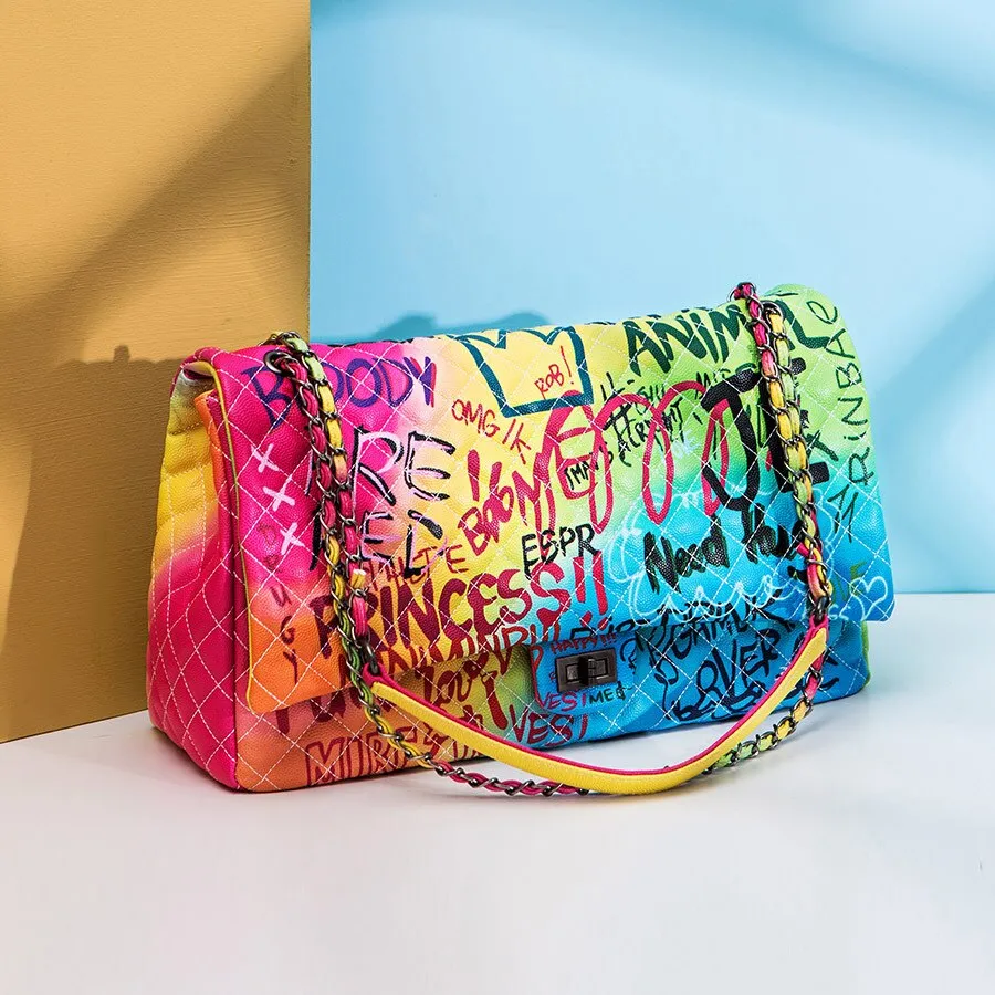 Large Capacity Women Pu Leather Chain Shoulder Bag High Quality Colorful Printed Ladies Handbags Luxury Designer Female Purse