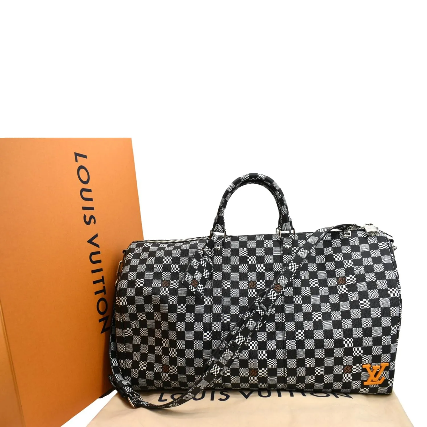 LOUIS VUITTON Keepall Bandouliere 50 Damier Distorted Travel Bag White Black
