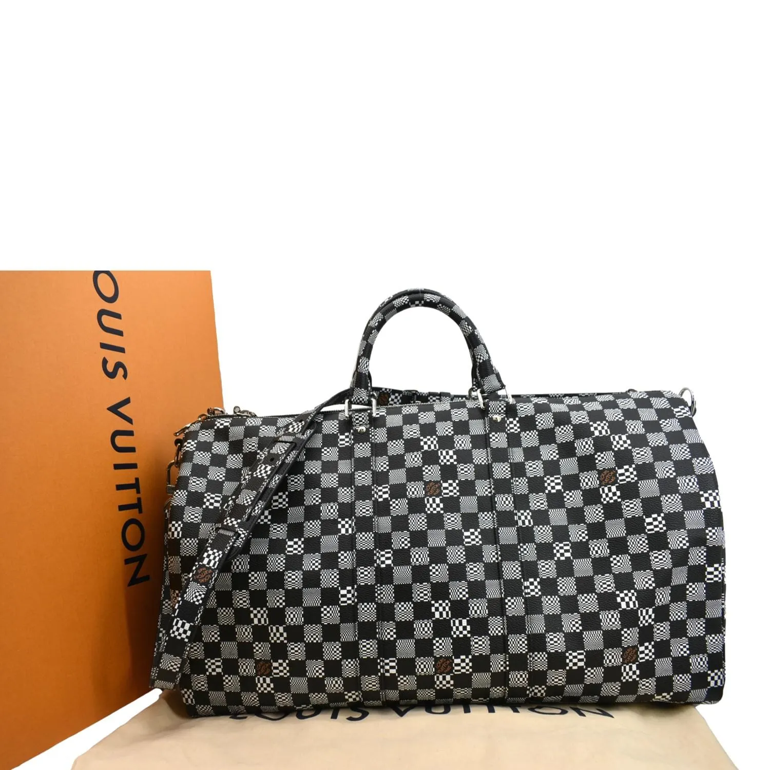 LOUIS VUITTON Keepall Bandouliere 50 Damier Distorted Travel Bag White Black