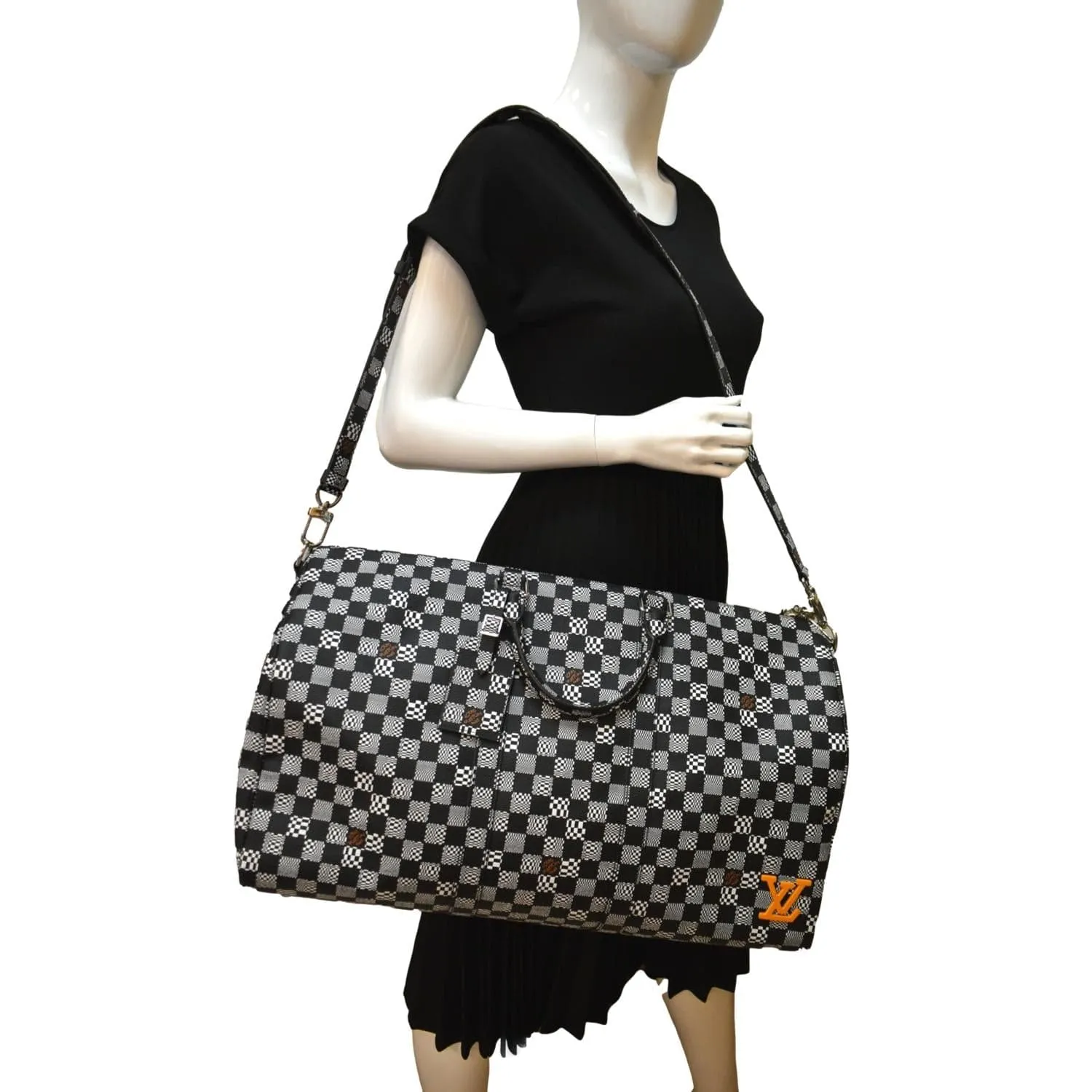 LOUIS VUITTON Keepall Bandouliere 50 Damier Distorted Travel Bag White Black