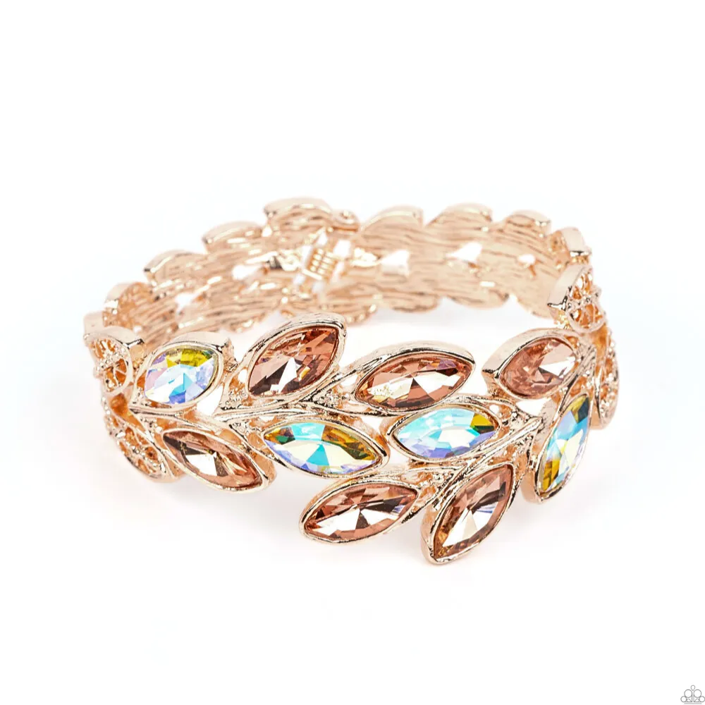 Luminous Laurels - Rose Gold & Peach Iridescent Rhinestones Hinged Bracelet