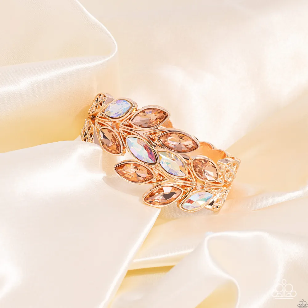 Luminous Laurels - Rose Gold & Peach Iridescent Rhinestones Hinged Bracelet