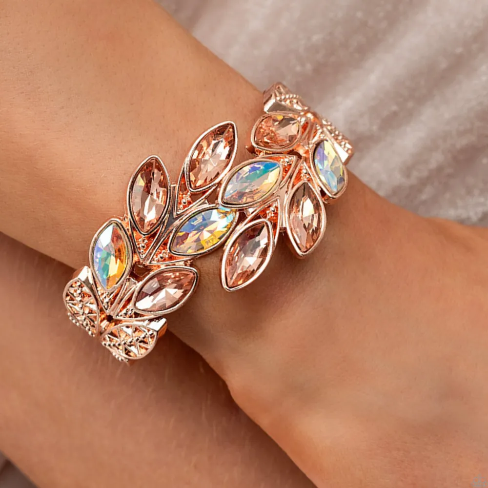 Luminous Laurels - Rose Gold & Peach Iridescent Rhinestones Hinged Bracelet