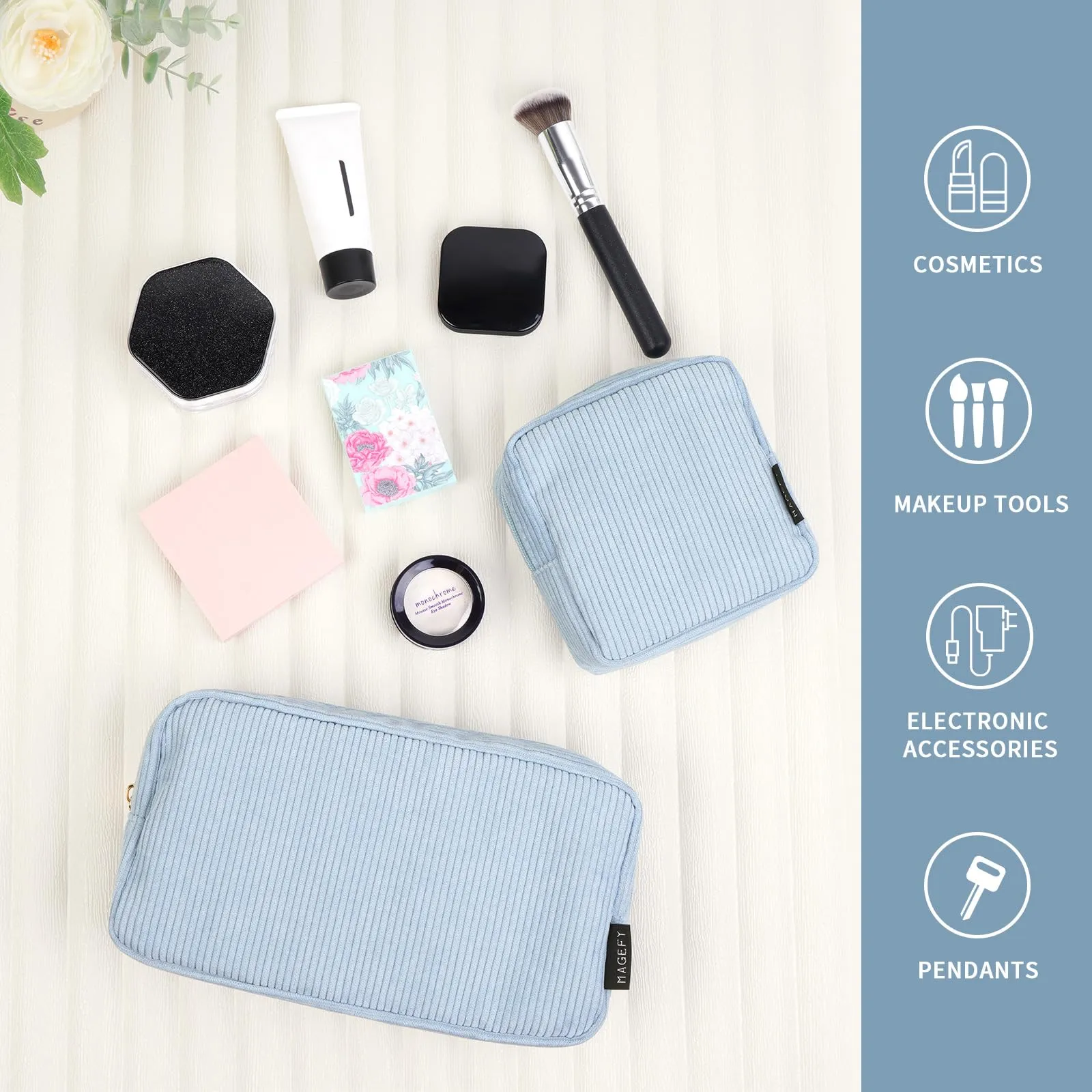 MAGEFY Makeup Bag for Purse, 2 Pcs Corduroy Cosmetic Bag for Girls Women Small Travel Makeup Pouch with Zipper(Blue)