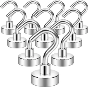 Magnetic Hooks,30lb  Heavy Duty Earth Magnets with Hook for Refrigerator, Neosmuk, Extra Strong Cruise Hook for Hanging, Magnetic Hanger for Cabins, Grill (Silver White, Pack of 10)