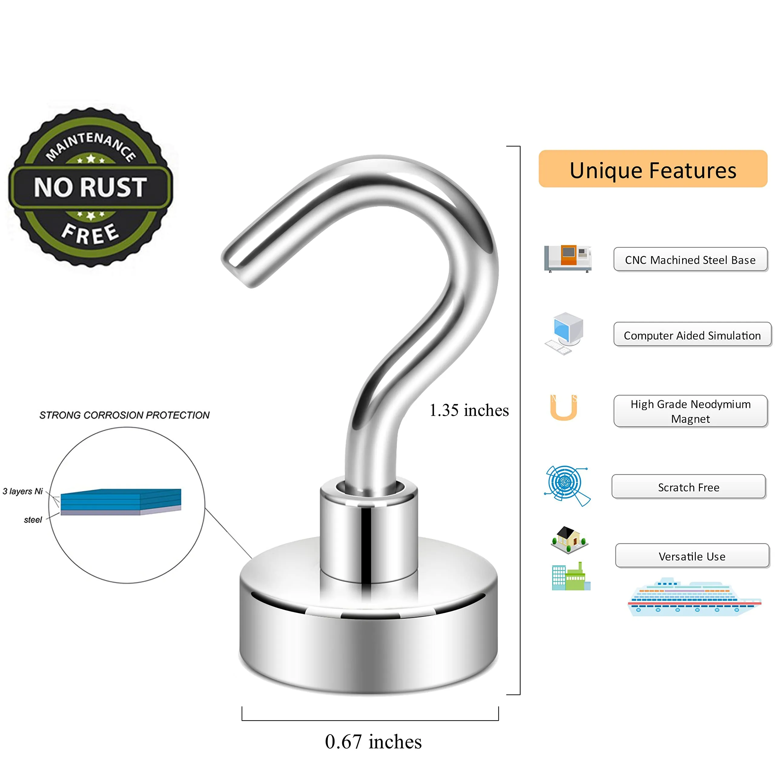 Magnetic Hooks,30lb  Heavy Duty Earth Magnets with Hook for Refrigerator, Neosmuk, Extra Strong Cruise Hook for Hanging, Magnetic Hanger for Cabins, Grill (Silver White, Pack of 10)