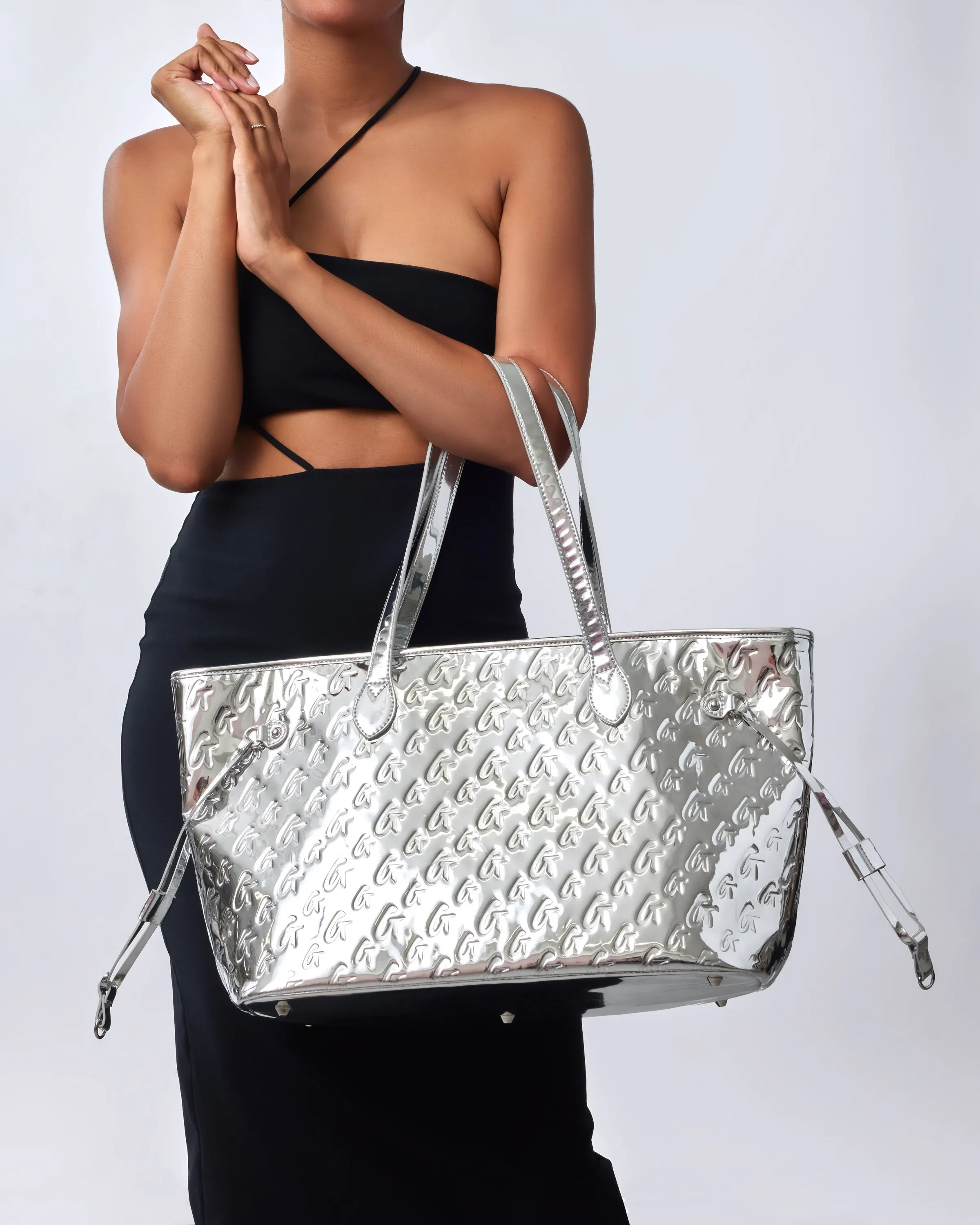 METALLIC MONOGRAM GLAM TOTE - METALLIC SILVER
