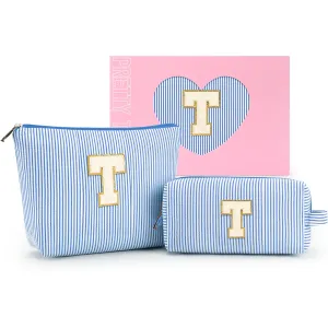 mibasies 2 PCS Initial Makeup Bags for Women: Cosmetic Bag for Travel Toiletry - Birthday Gifts for Girls Sister Wife Friend Daughter - Preppy Teen Girl Gifts Trendy Stuff - Blue T