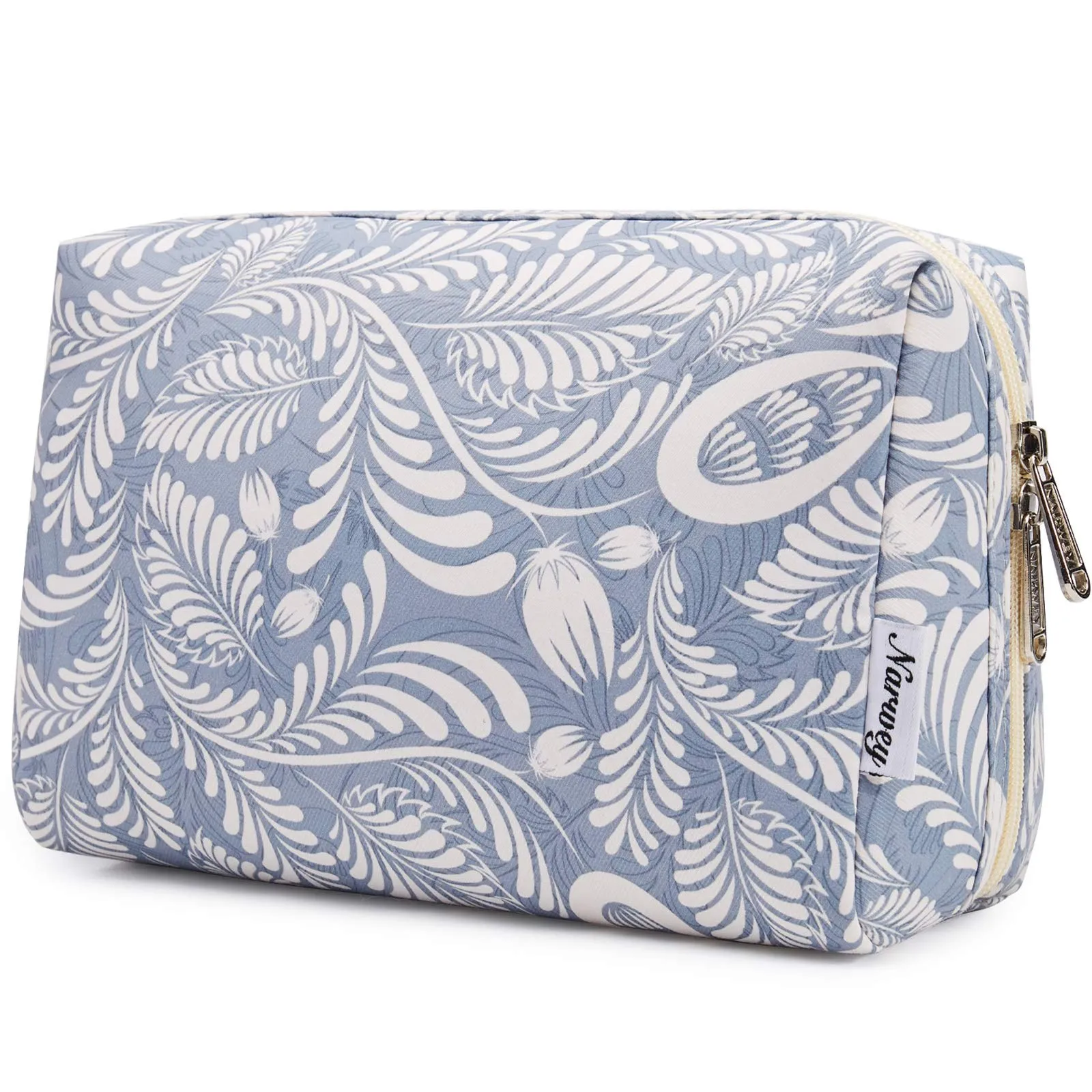Narwey Cute Makeup Bag Travel Cosmetic Bag Organizer Toiletry Bag Make Up Bags with Compartments for Women Girls (Large, Blue Leaf)