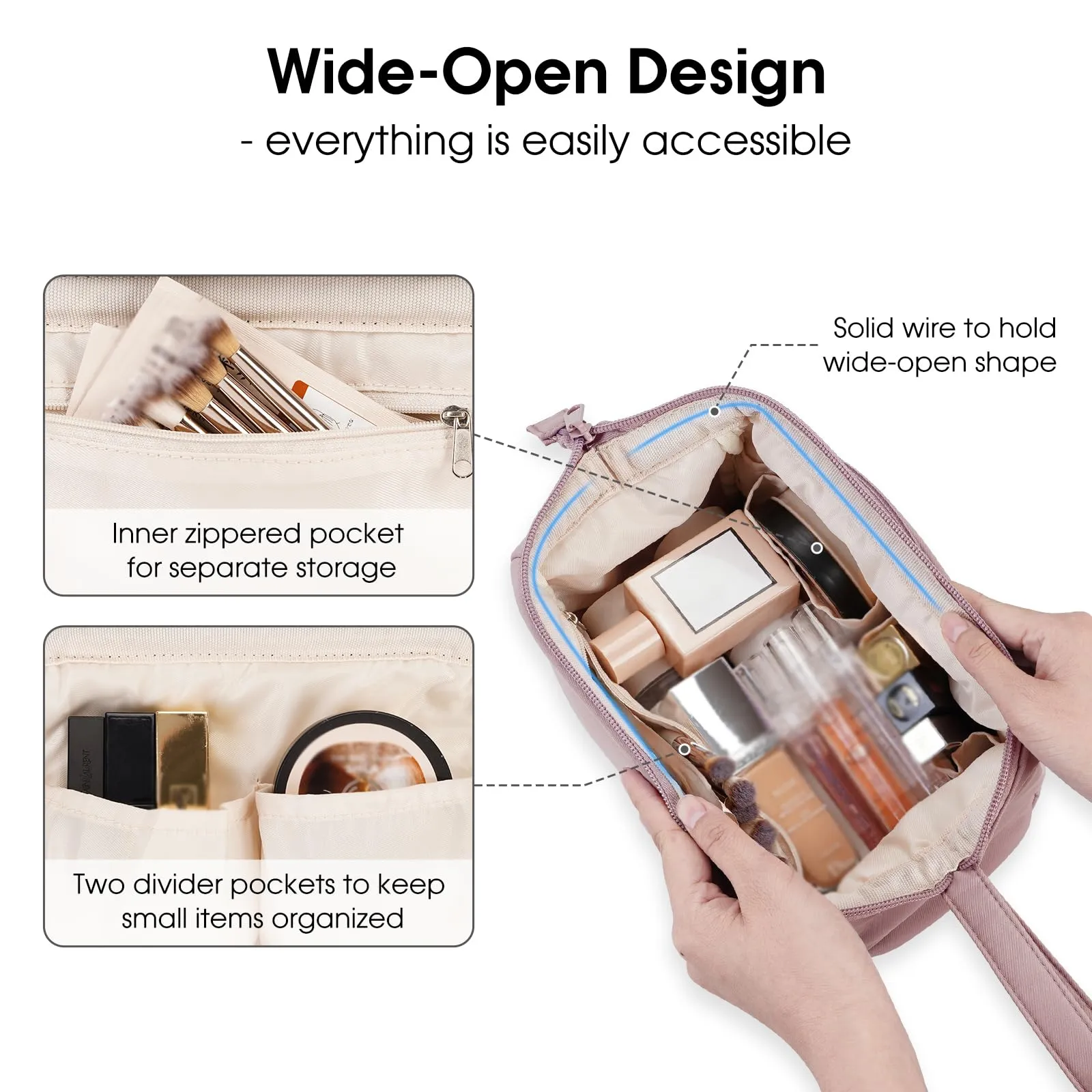 Narwey Large Makeup Bag Women Wide-open Make up Bag Travel Cosmetic Bag Organizer Toiletry Bag for Cosmetics Toiletries Accessories (Dusty Rose)