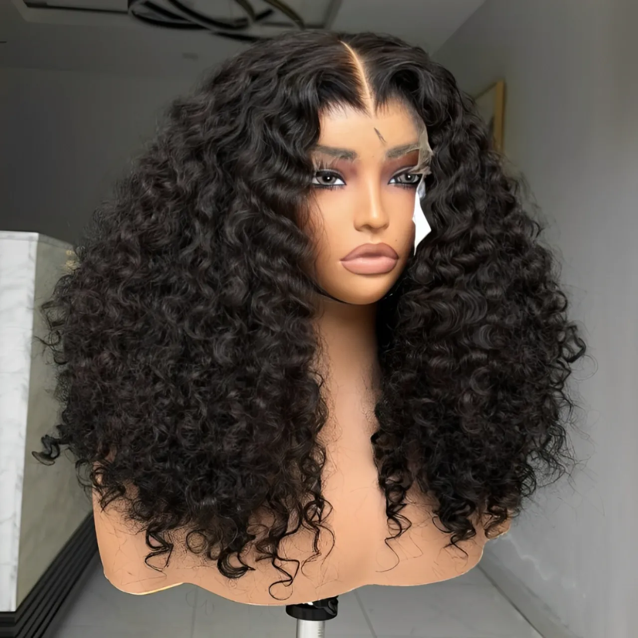 Natural Black Curly 250% density Human Hair Lace Closure Wigs