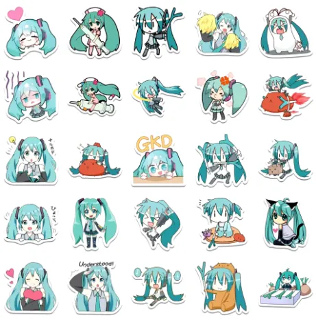 NEW 65pcs Hatsune Miku Stickers Pack Waterproof Phone Case Cartoon Diary Stationery Packaging Kawaii Cute Laptop Skin