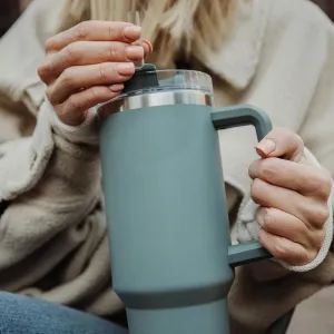 NEW FUNUS 40 oz Tumbler with Handle and Straw Lid | Insulated Reusable Leakproof Stainless Steel Water Bottle Travel Mug for hot & cold liquids - Sage Green has couple scuffs from transport