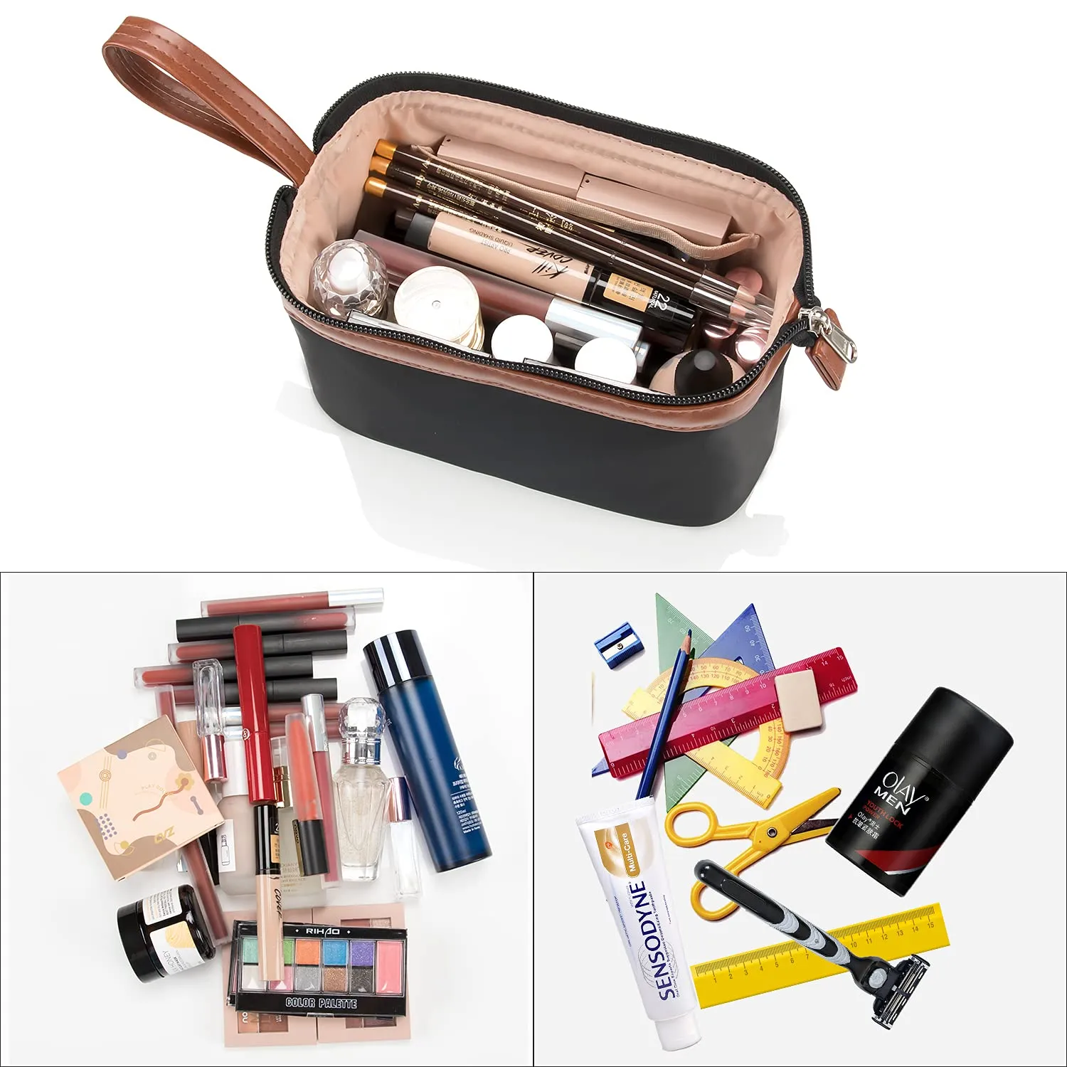 OCHEAL Travel Makeup Bag, Small Cosmetic Bags for Women,Large Capacity Portable Cosmetic bag Storage Organizer for Purse Everyday Use (Small,Black-Brown)