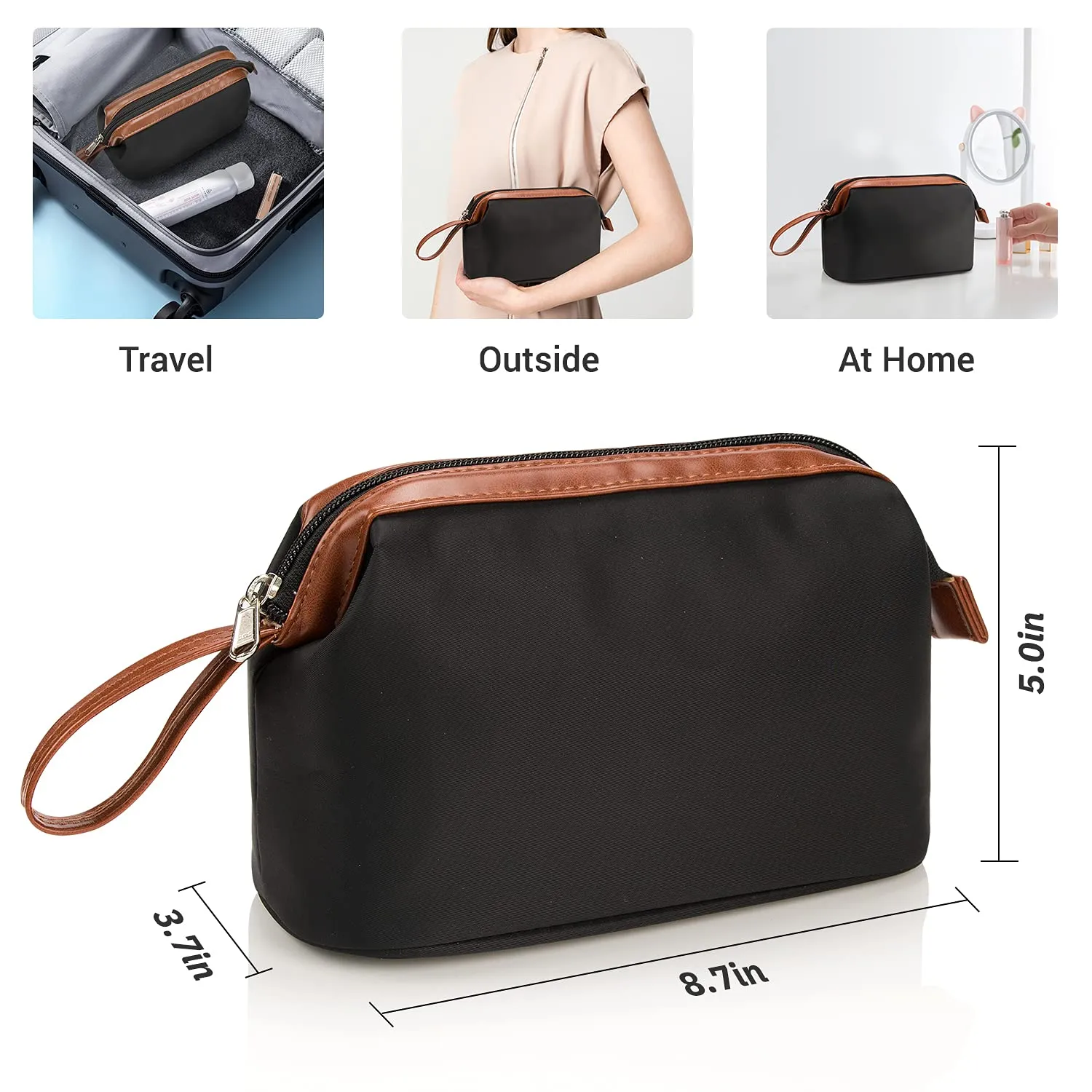 OCHEAL Travel Makeup Bag, Small Cosmetic Bags for Women,Large Capacity Portable Cosmetic bag Storage Organizer for Purse Everyday Use (Small,Black-Brown)