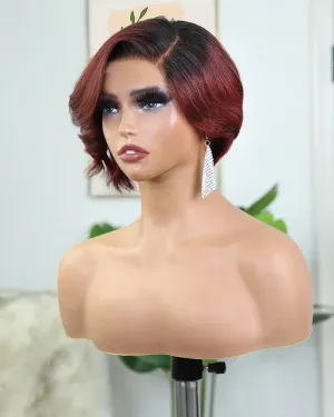 Ombre Burgundy Short Pixie Cut 5x5 Lace Closure Wig for Sale NW