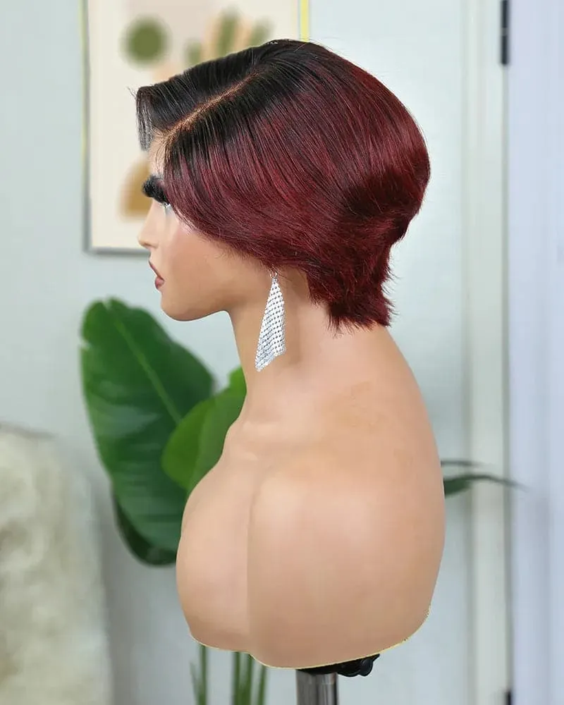 Ombre Burgundy Short Pixie Cut 5x5 Lace Closure Wig for Sale NW