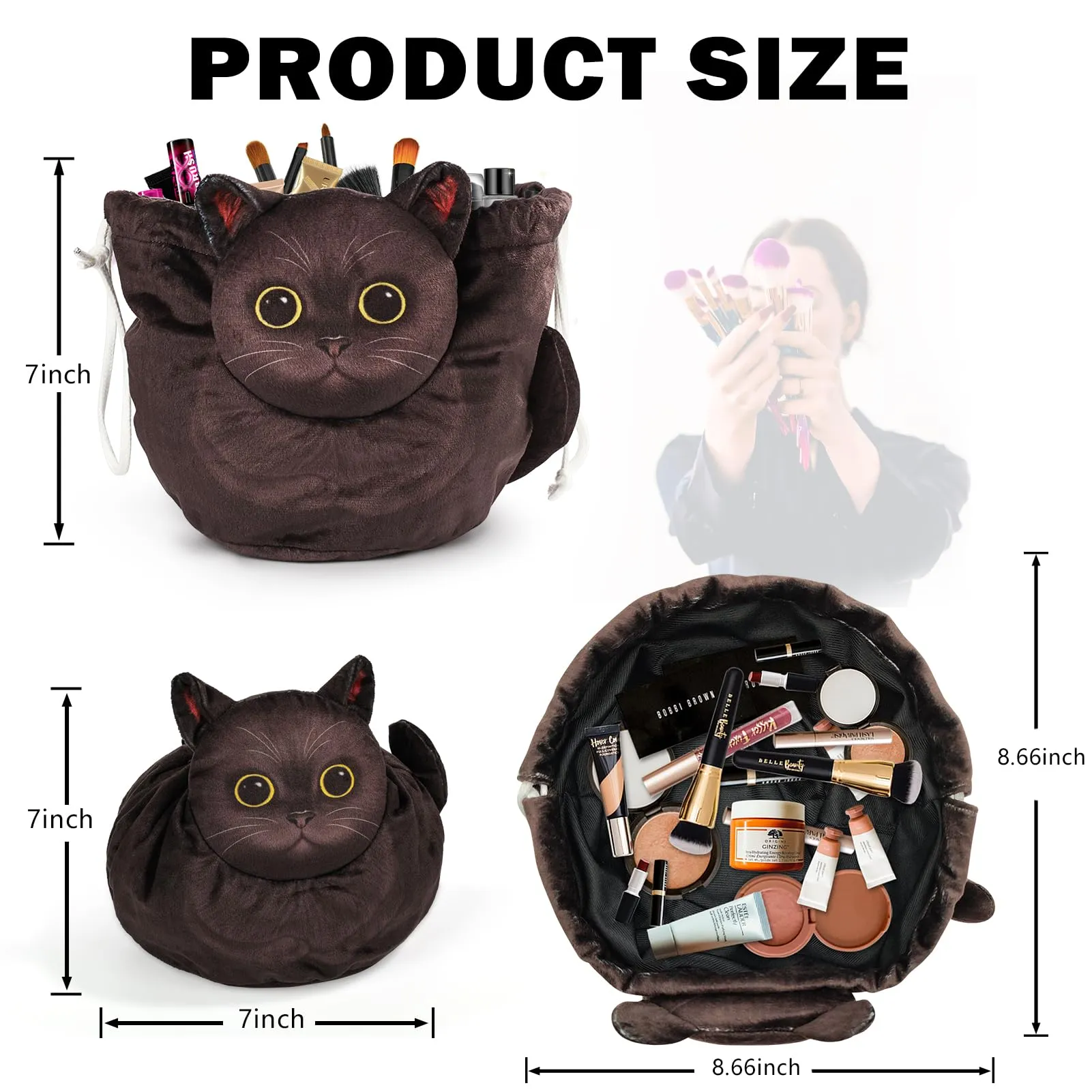 Openhahaha Drawstring Makeup Bag, Cat Makeup Bag, Travel Makeup Organizer, Cosmetic Pouch Bag, Cat Gift for Women, Lay Flat Makeup Bag Gifts for Cat Lovers(2-pack)