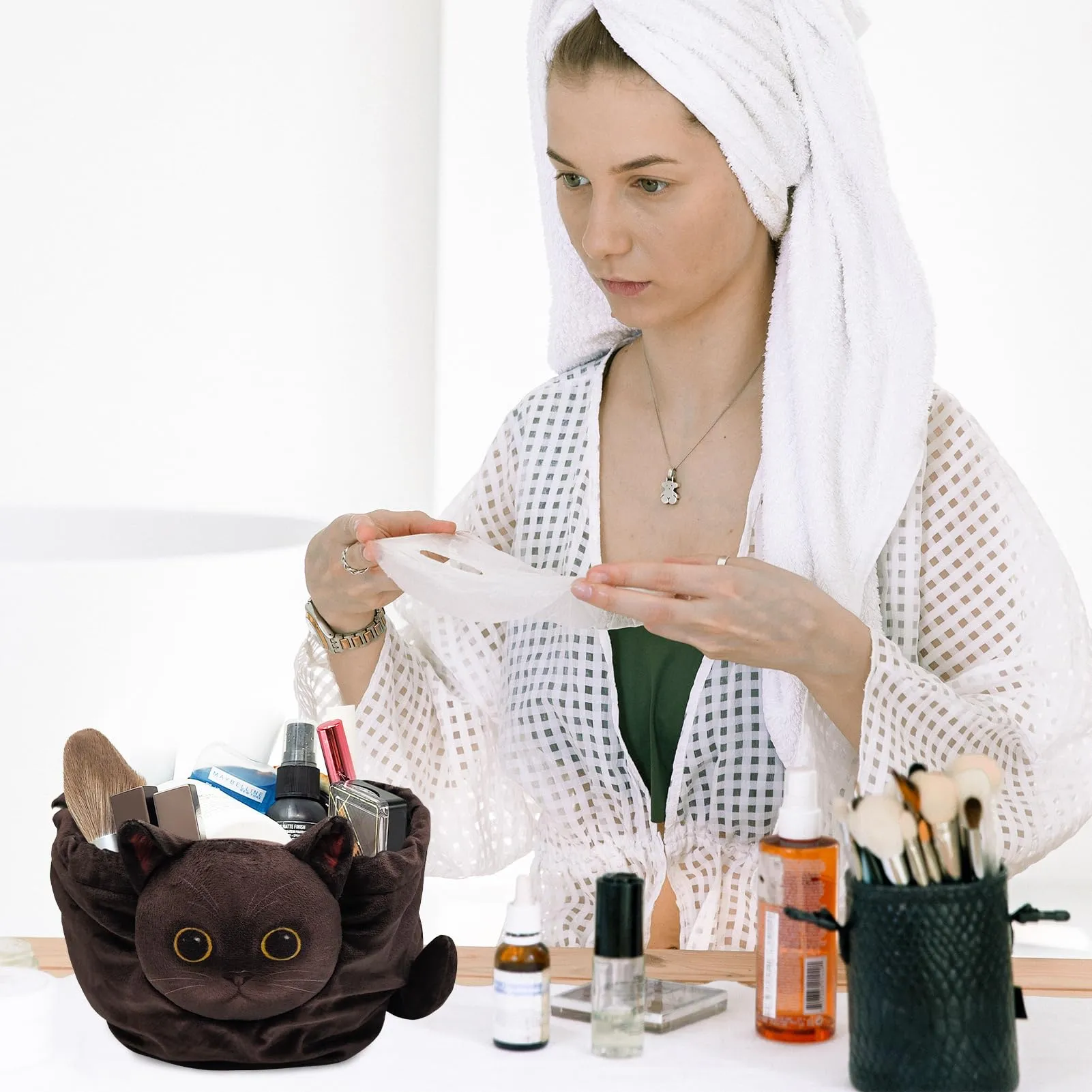 Openhahaha Drawstring Makeup Bag, Cat Makeup Bag, Travel Makeup Organizer, Cosmetic Pouch Bag, Cat Gift for Women, Lay Flat Makeup Bag Gifts for Cat Lovers(2-pack)