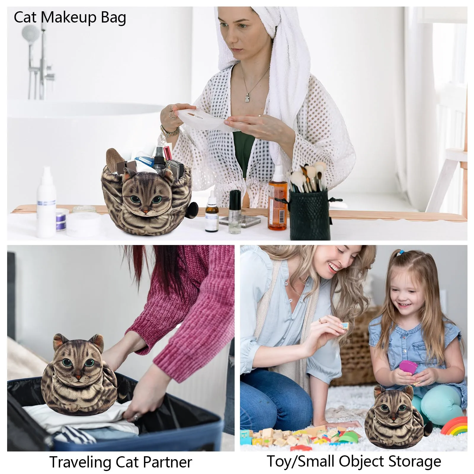 Openhahaha Drawstring Makeup Bag, Cat Makeup Bag, Travel Makeup Organizer, Cosmetic Pouch Bag, Cat Gift for Women, Lay Flat Makeup Bag Gifts for Cat Lovers(2-pack)