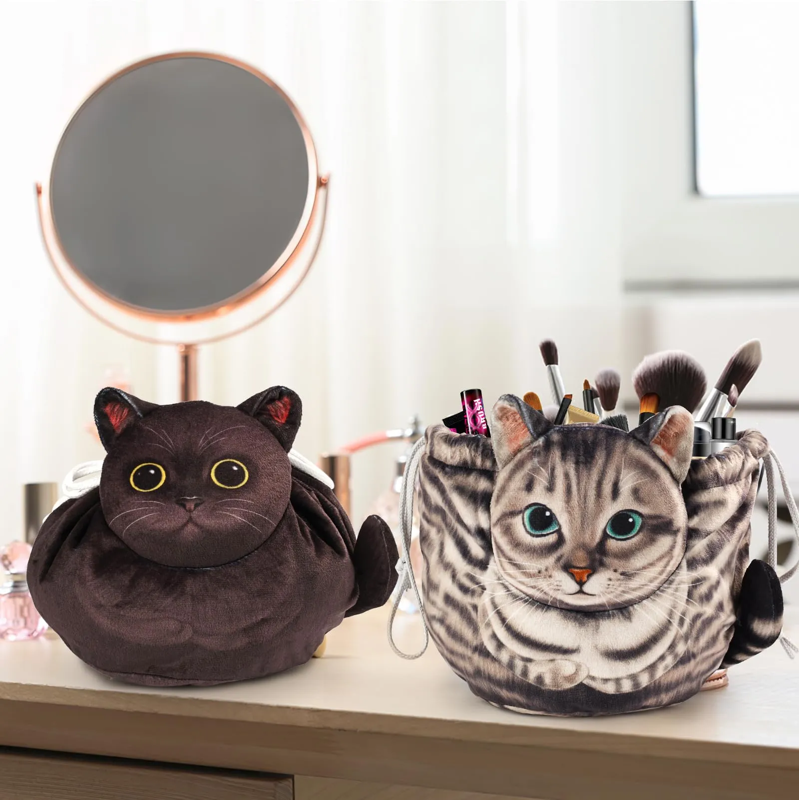Openhahaha Drawstring Makeup Bag, Cat Makeup Bag, Travel Makeup Organizer, Cosmetic Pouch Bag, Cat Gift for Women, Lay Flat Makeup Bag Gifts for Cat Lovers(2-pack)