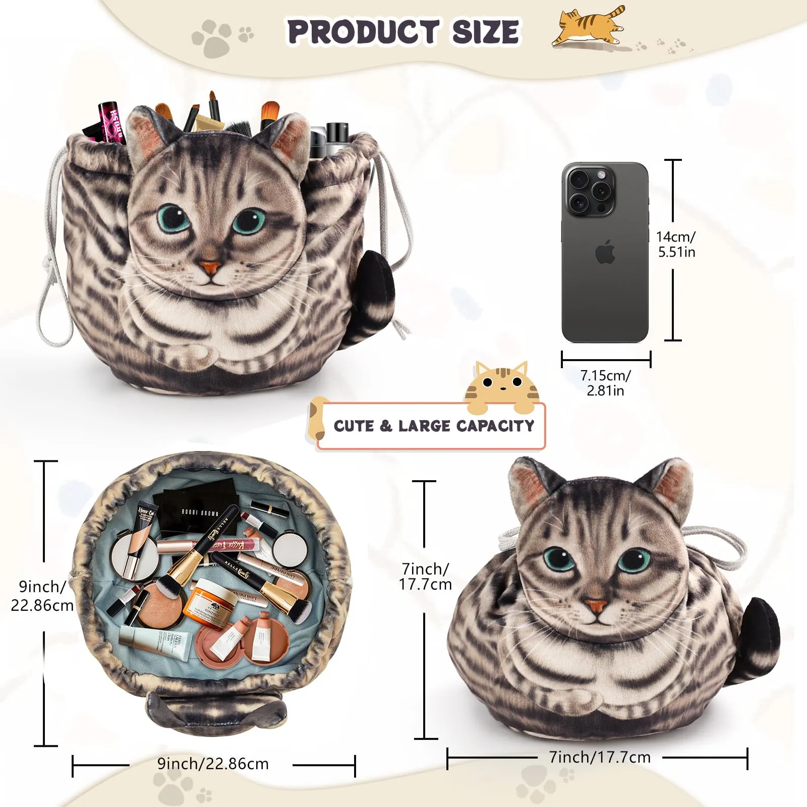 Openhahaha Drawstring Makeup Bag, Cat Makeup Bag, Travel Makeup Organizer, Cosmetic Pouch Bag, Cat Gift for Women, Lay Flat Makeup Bag Gifts for Cat Lovers
