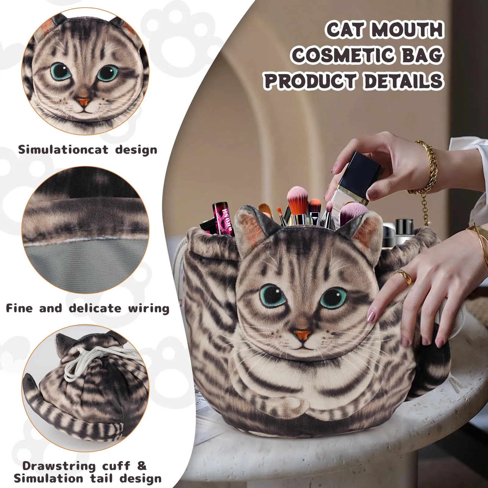 Openhahaha Drawstring Makeup Bag, Cat Makeup Bag, Travel Makeup Organizer, Cosmetic Pouch Bag, Cat Gift for Women, Lay Flat Makeup Bag Gifts for Cat Lovers