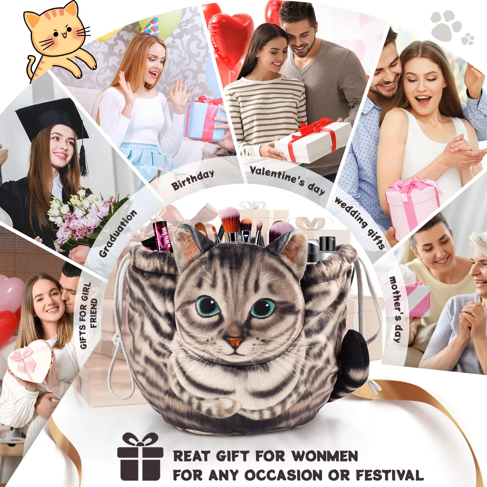 Openhahaha Drawstring Makeup Bag, Cat Makeup Bag, Travel Makeup Organizer, Cosmetic Pouch Bag, Cat Gift for Women, Lay Flat Makeup Bag Gifts for Cat Lovers