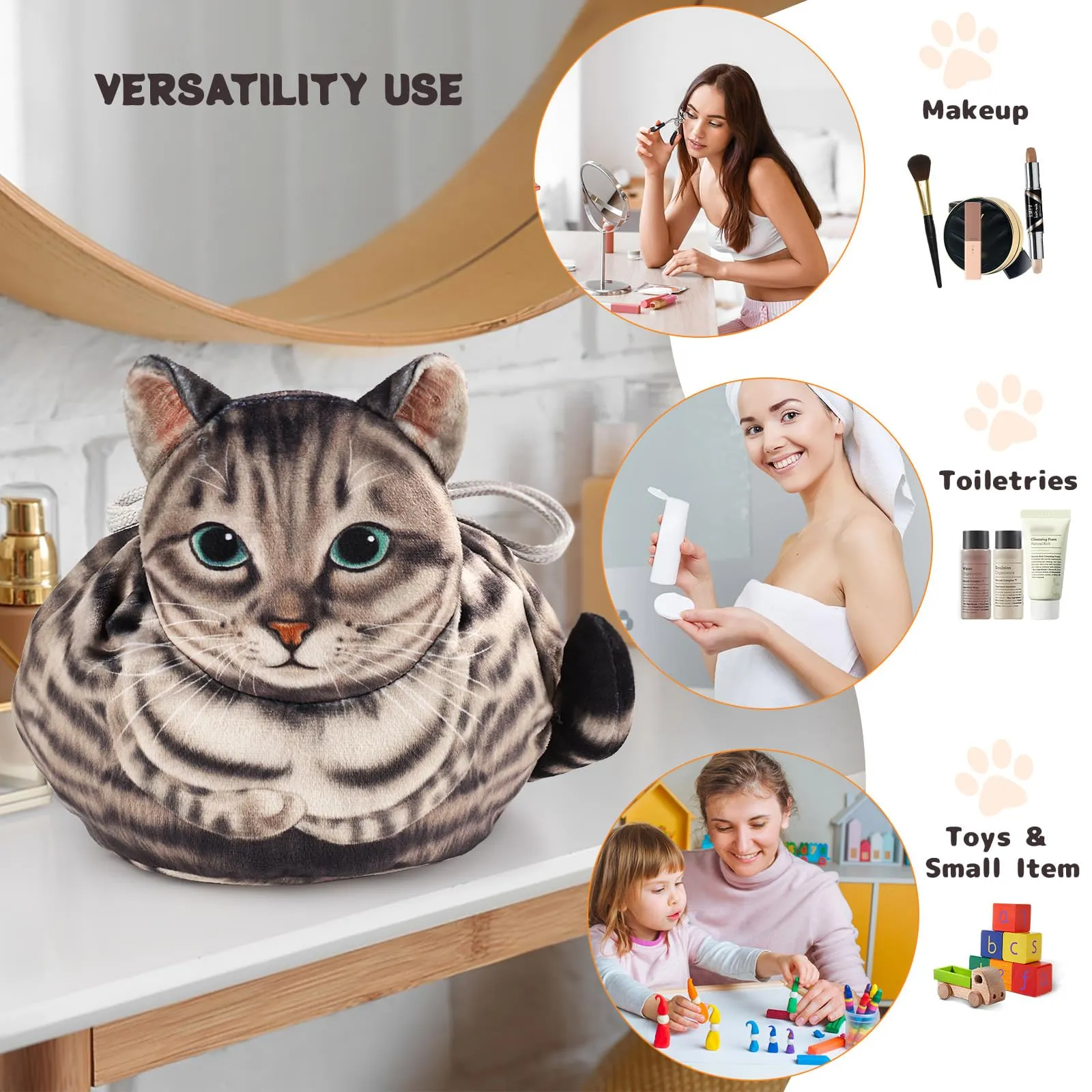 Openhahaha Drawstring Makeup Bag, Cat Makeup Bag, Travel Makeup Organizer, Cosmetic Pouch Bag, Cat Gift for Women, Lay Flat Makeup Bag Gifts for Cat Lovers