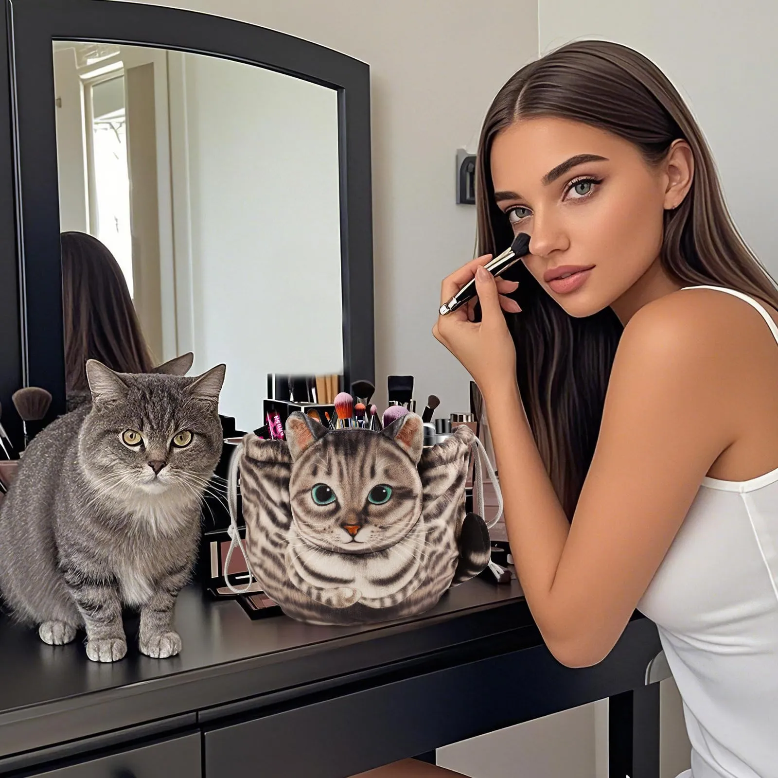 Openhahaha Drawstring Makeup Bag, Cat Makeup Bag, Travel Makeup Organizer, Cosmetic Pouch Bag, Cat Gift for Women, Lay Flat Makeup Bag Gifts for Cat Lovers