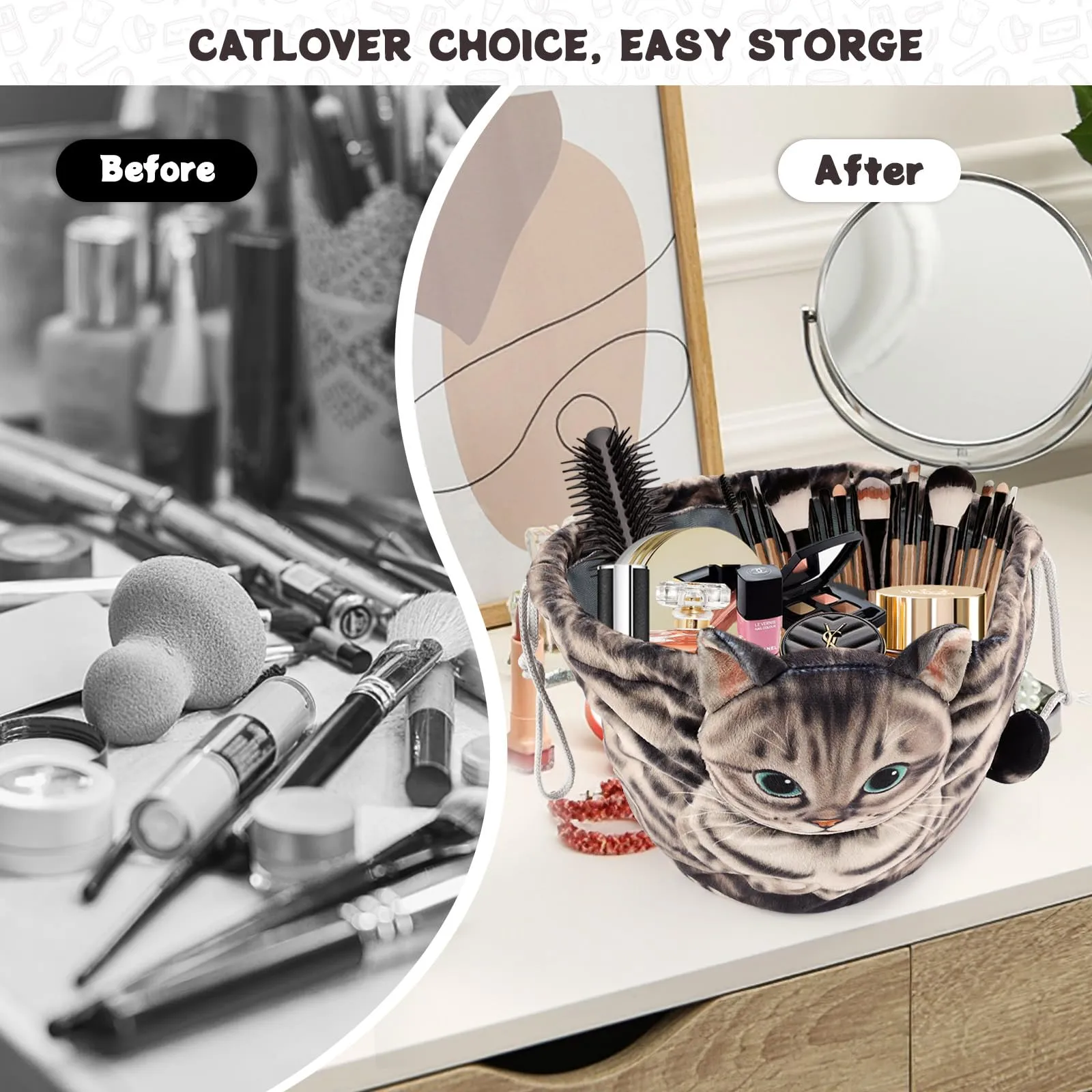 Openhahaha Drawstring Makeup Bag, Cat Makeup Bag, Travel Makeup Organizer, Cosmetic Pouch Bag, Cat Gift for Women, Lay Flat Makeup Bag Gifts for Cat Lovers