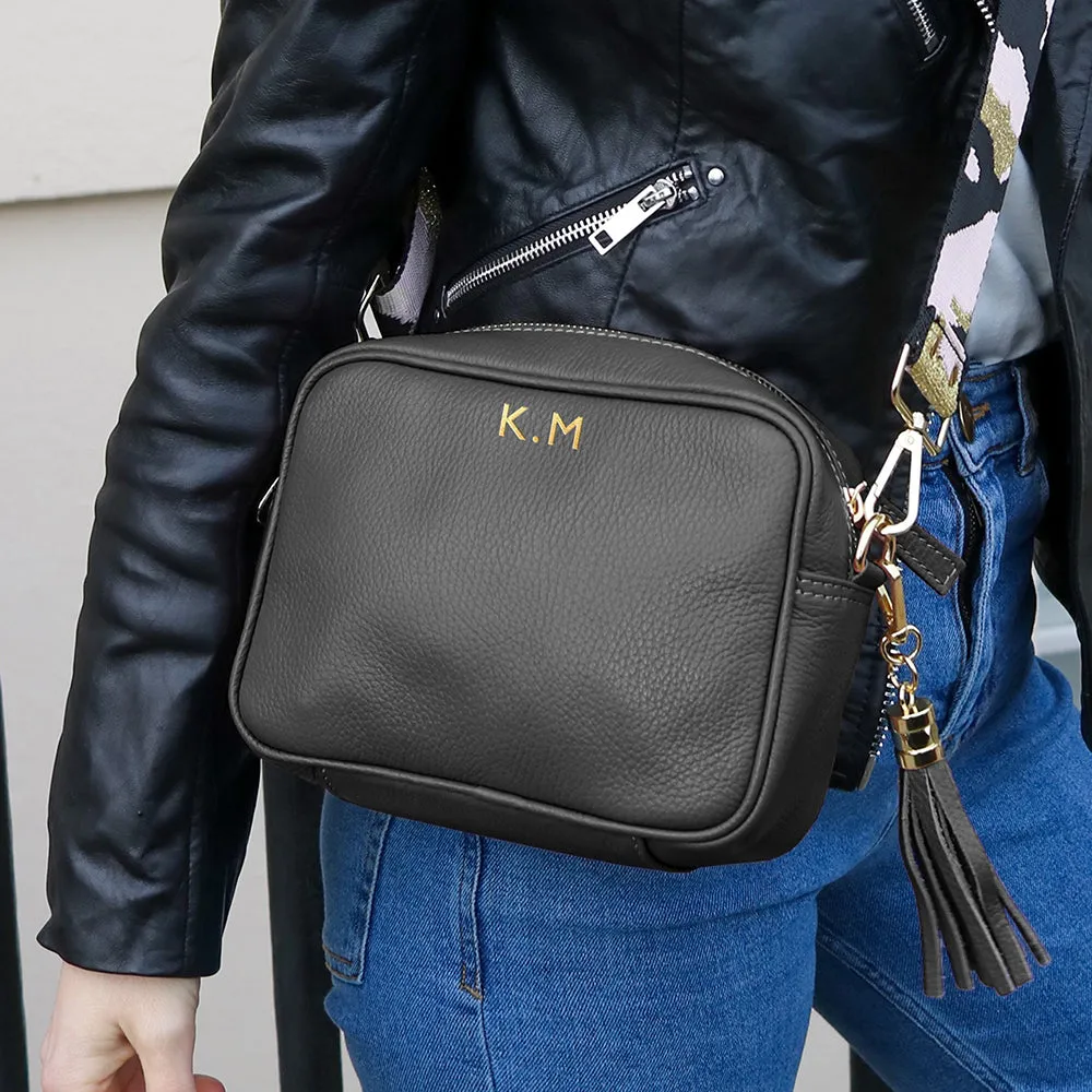 Personalised Elie Beaumont Cross Body Black Leather Bag with Choice of Strap