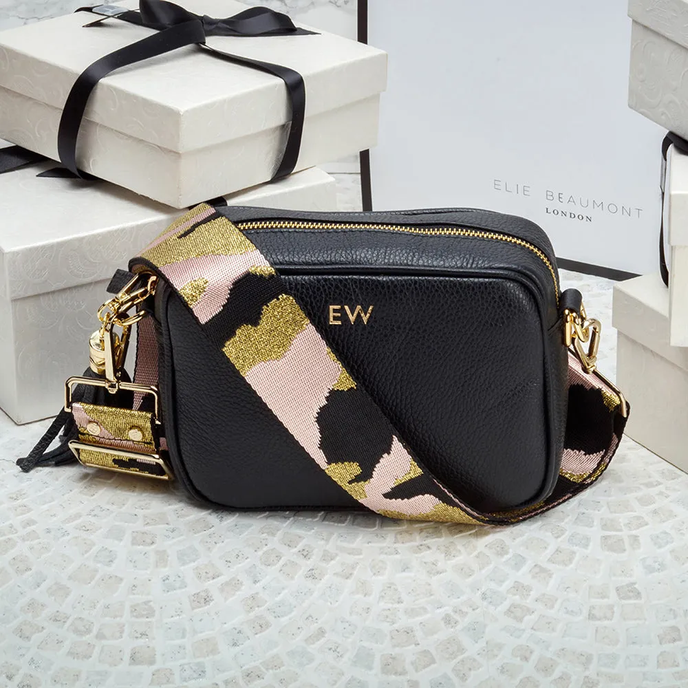 Personalised Elie Beaumont Cross Body Black Leather Bag with Choice of Strap