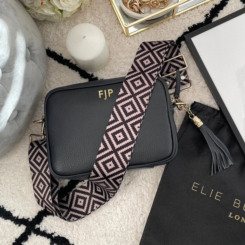 Personalised Elie Beaumont Cross Body Black Leather Bag with Choice of Strap