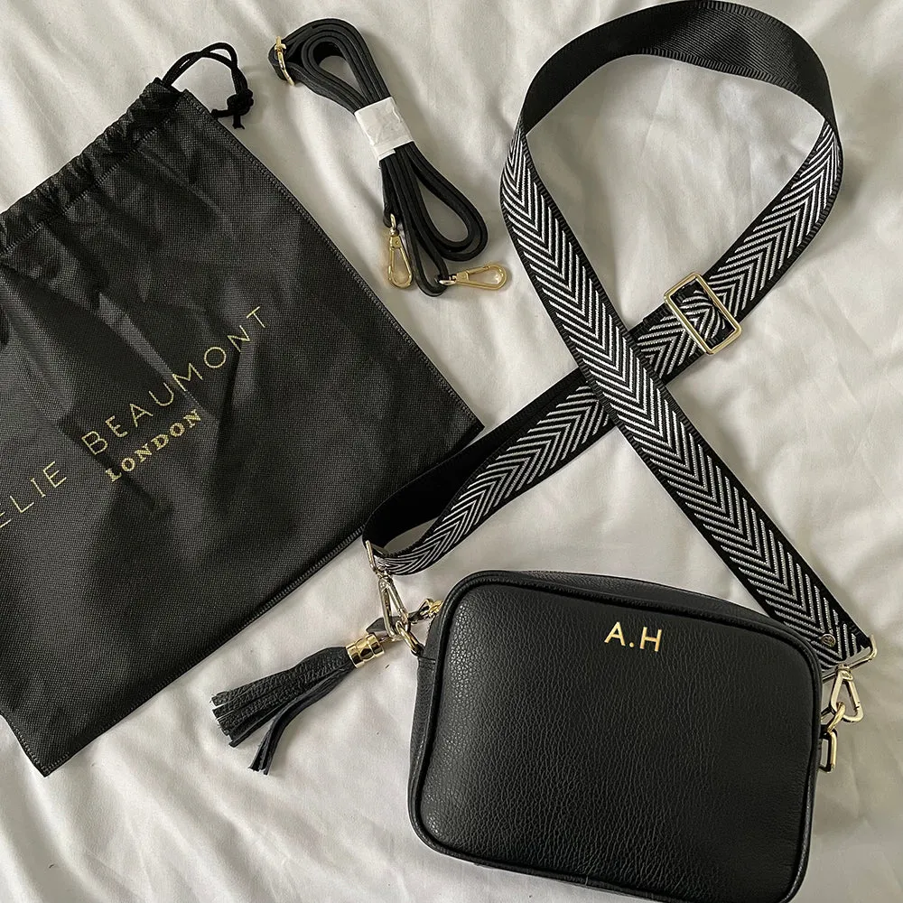 Personalised Elie Beaumont Cross Body Black Leather Bag with Choice of Strap