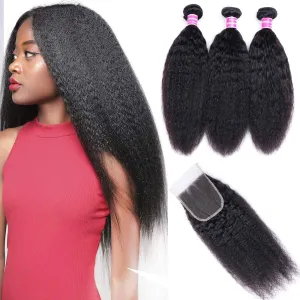 Peruvian Kinky Straight Bundles With 4×4 Closure 10A Grade 100% Human Remy Hair MYLOCKME