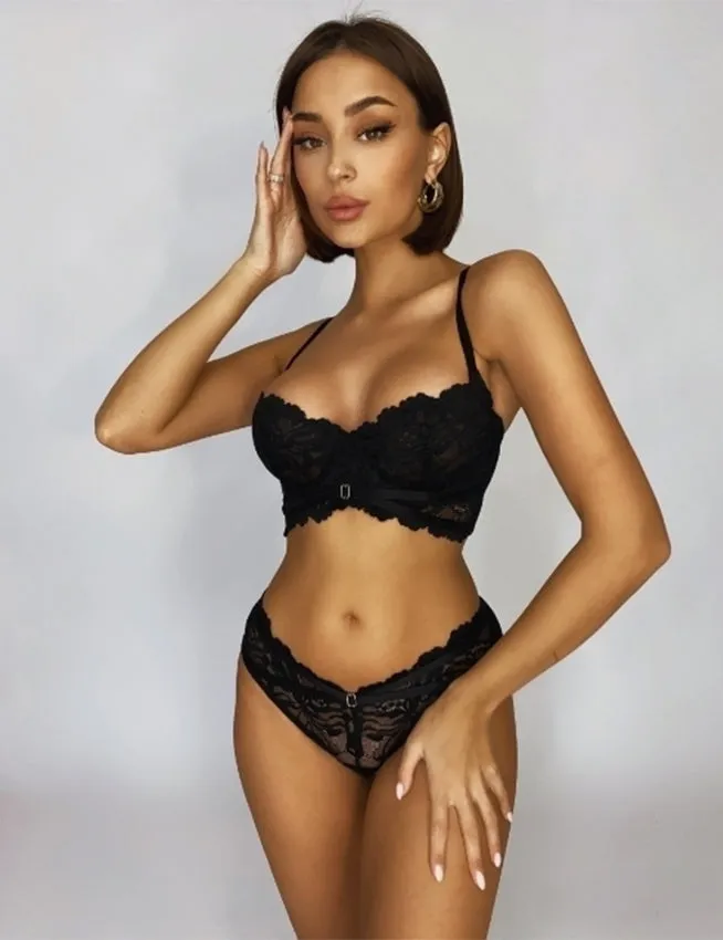 Pink Floral Lace Adjustable Strap Underwire Bra Set
