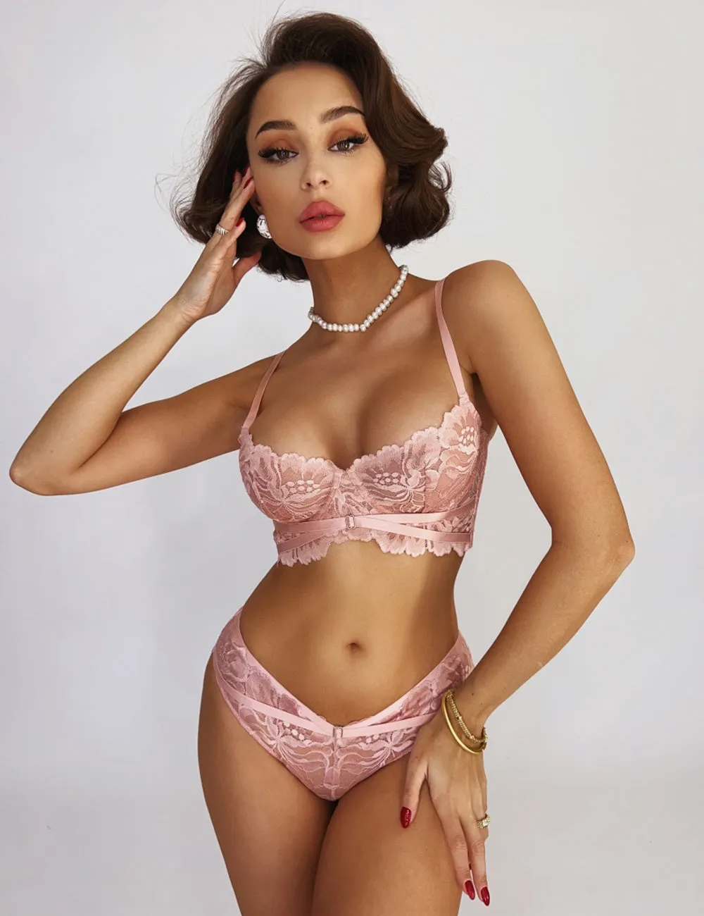 Pink Floral Lace Adjustable Strap Underwire Bra Set