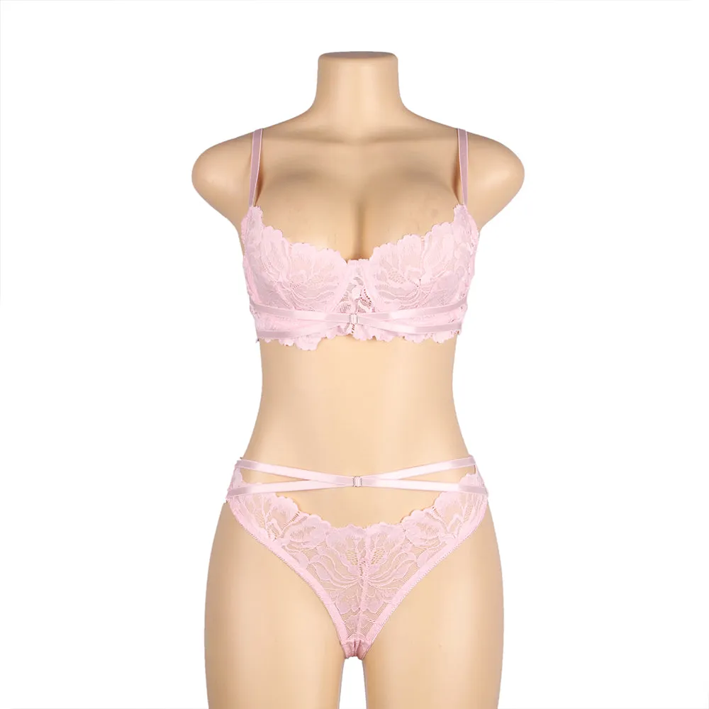 Pink Floral Lace Adjustable Strap Underwire Bra Set
