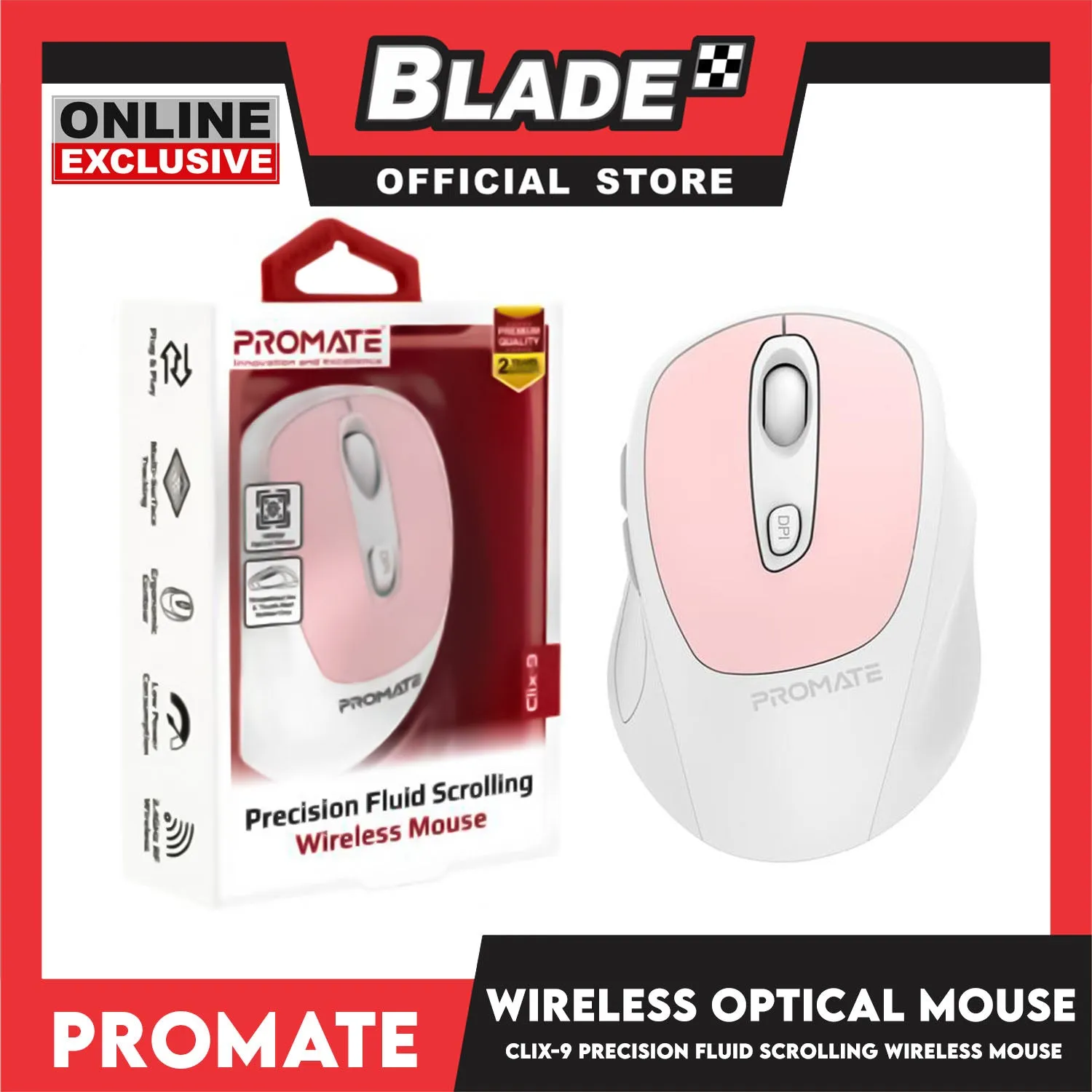 Promate Wireless Mouse Clix-9 Precision Fluid Scrolling (Peach)